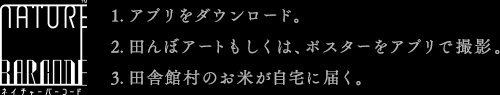 1.アプリをダウンロード。2.田んぼアートもしくは、ポスターをアプリで撮影。3.田舎舘村のお米が届く。